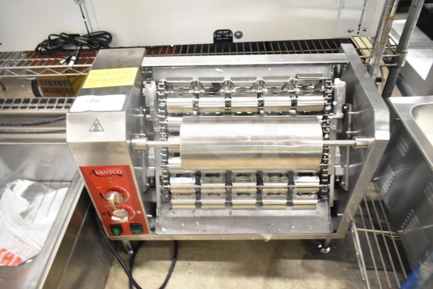 Brand new Avantco 184T18A commercial vertical contact conveyor bun toaster, 120 volts, 1 phase, with minor scratches and dents.