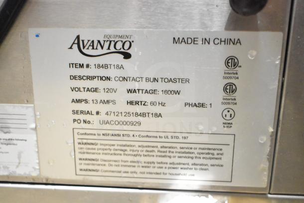 Brand new Avantco 184T18A commercial bun toaster, 120V, 1600W, 1 phase. Serial #4712125184BT18A. Scratch and dent condition.