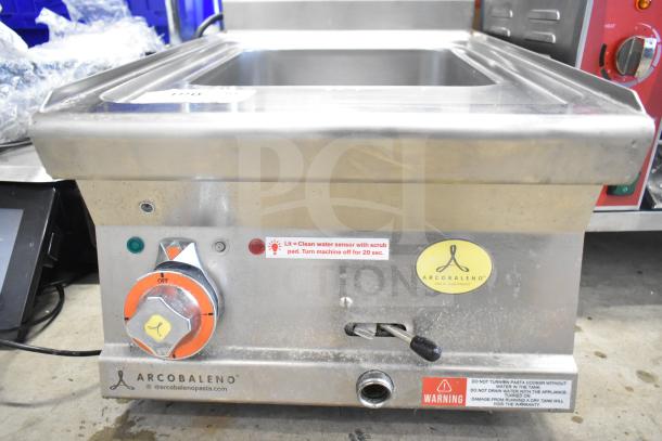 Arcobaleno APCT24 Elena 4.5 Gallon Electric Countertop Pasta Cooker with control knobs, warning labels, and Arcobaleno logo.