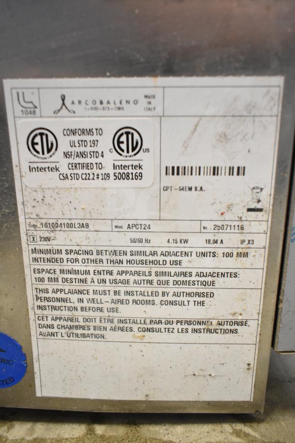 Arcobaleno APCT24 Elena pasta cooker label, 230V, 1 phase, 4.5-gallon capacity, certified to UL STD 197, NSF/ANSI STD 4.