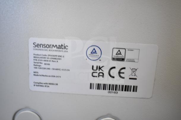 Sensormatic ZPUODPP-ENC-2 Outdoor Cabinet label, model details, regulatory info, and compliance markings visible.
