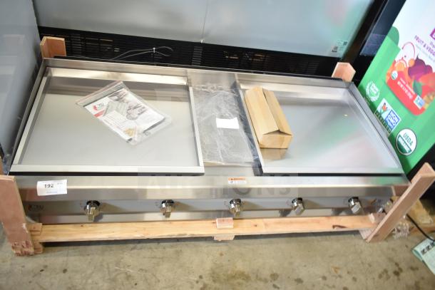 BRAND NEW Cooking Performance Group CPG commercial countertop griddle with thermostatic controls, minor scratches, boxed items displayed.