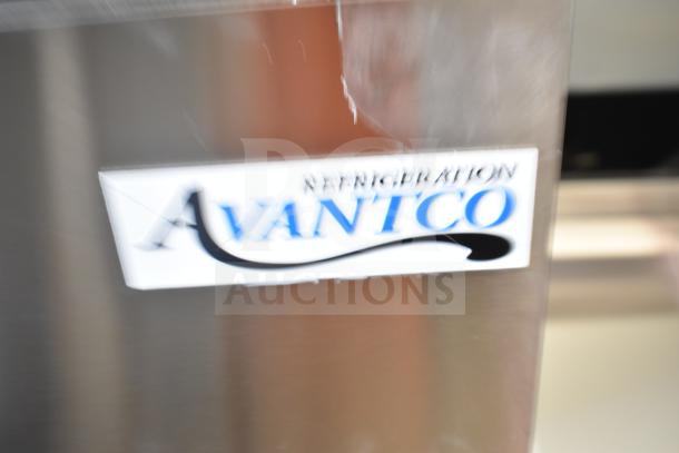 Brand new Avantco 178AU72R undercounter cooler, 3-door, 115 volts, minor scratches, logo visible on stainless surface.