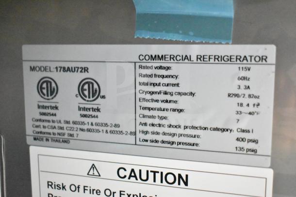 Brand new Avantco 178AU72R 3-door undercounter cooler label, 115V, certified by Intertek, uses R290 refrigerant.