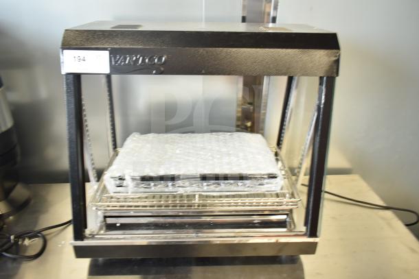 Brand new Avantco 177HDC26 26" heated display case, 3 shelves, missing glass panels, sliding doors, 120V, scratch and dent.