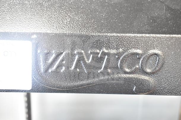 Avantco logo on a textured surface, part of the 177HDC26 heated display case. Note missing glass panels.