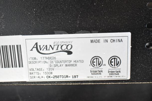 Avantco 177HDC26 26" heated display case label, shows model, 120V, 1500W, ETL certified, made in China. Missing glass panels.