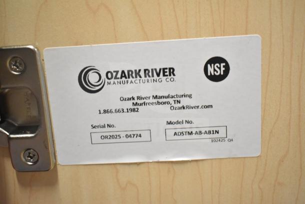 Ozark River ADSTM-AB-AB1N portable sink label, detailing model and serial numbers, on commercial casters. Brand new with minor flaws.