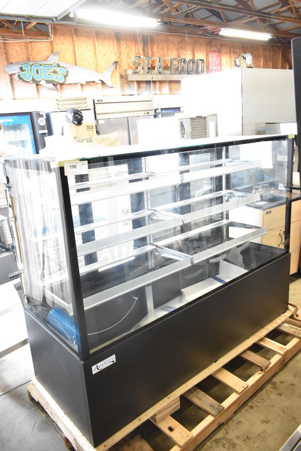 Brand new Avantco 193BCFD72B black bakery display case with LED lighting, 70 7/8", 110-120V, on pallet.