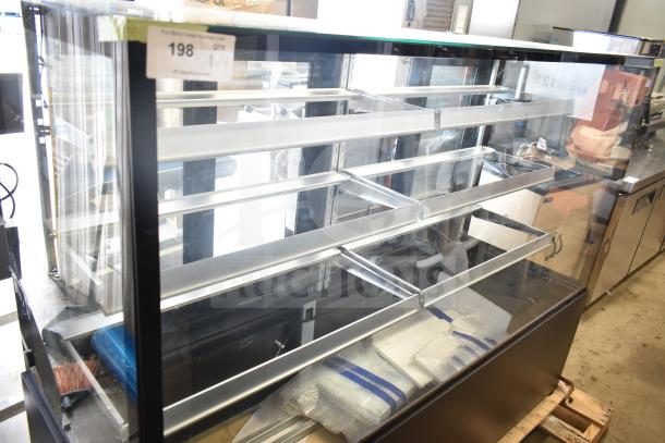 Brand new Avantco Model 193BCFD72B, 70 7/8" black bakery display case with LED lighting, minor scratches.