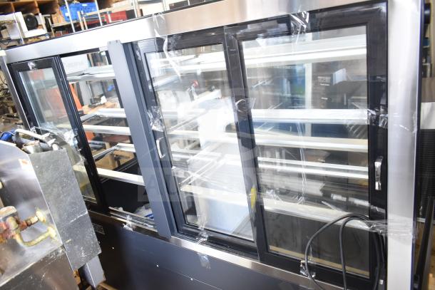 Brand new Avantco 193BCFD72B bakery display case, black, LED lighting, 70 7/8", minor scratches, 110-120V, 1 phase.