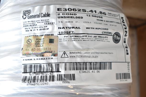 2 General Cable E3062S.41.86 spools, 12 gauge, 1000ft each, unshielded, with ripcord, PLENUM rated, made in USA.