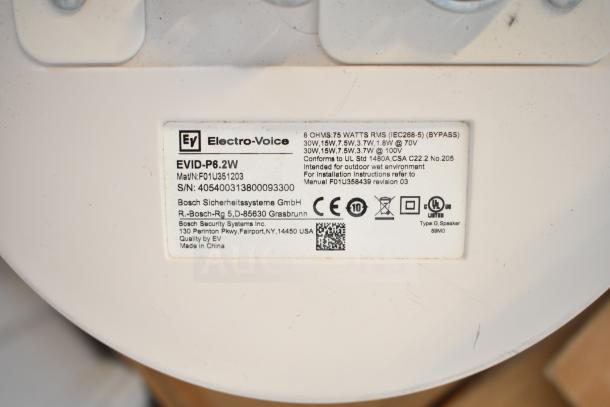 Electro-Voice EVID-P6.2W speaker label showing model details, power ratings, and compliance markings, ideal for outdoor use.