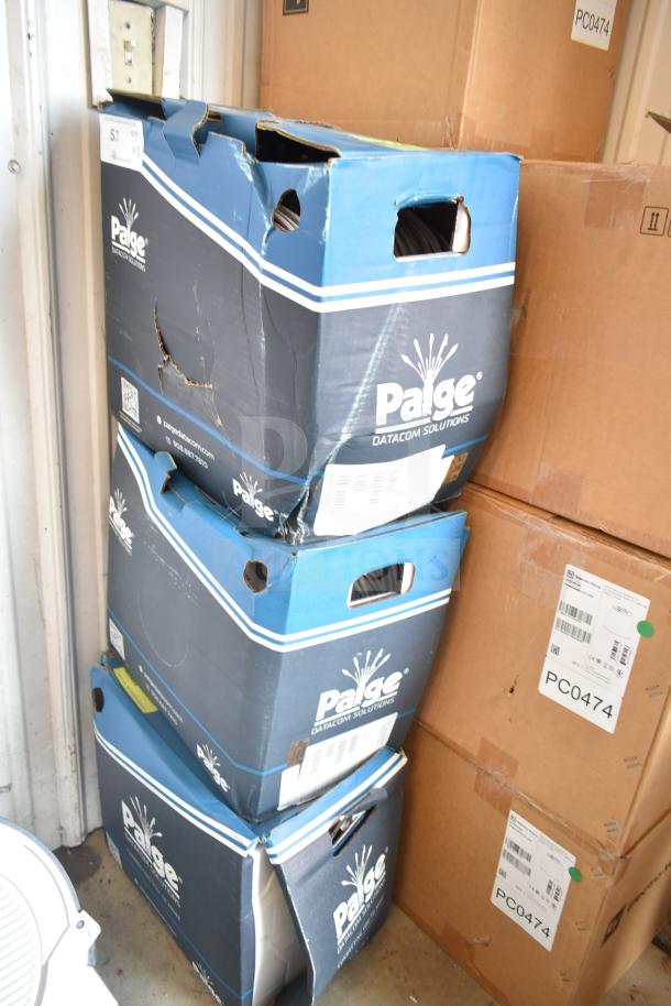 3 boxes of Paige Datacom Solutions 12/2C STR ZIP CL3 white cable. Boxes show signs of wear. Ideal for datacom needs.