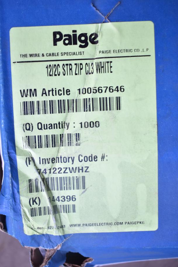 Paige Datacom Solutions 12/2C STR ZIP CL3 cable, white, label with quantity 1000, WM Article 100567646.
