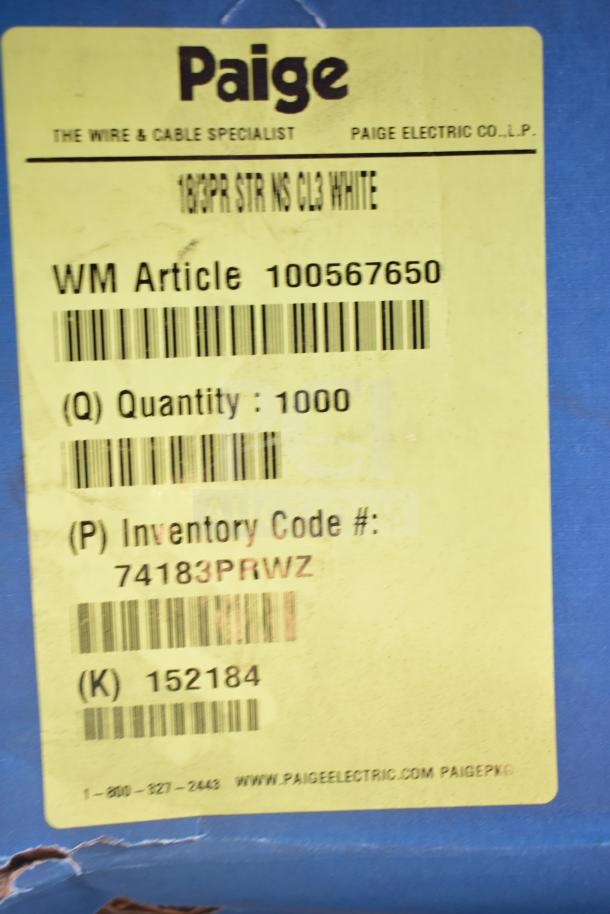 Paige Datacom Solutions cable box with label showing model 12/2C STR ZIP CL3 WHITE, quantity 1000, inventory code 74183PRWZ.