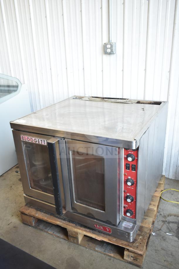 Blodgett Mark V commercial electric convection oven, stainless steel, view-through doors, thermostatic controls, on casters.