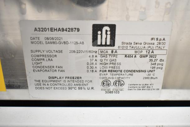 Label on Ifi SAM80-GVBD-1125-AB gelato display case with specs: 208-220V, R404A gas, ETL certified.