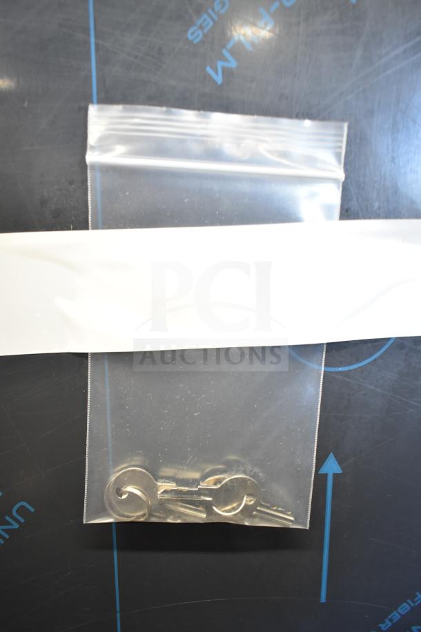 Plastic bag containing keys for the 2026 Delfield 6051XL-S commercial cooler, indicating brand new condition.