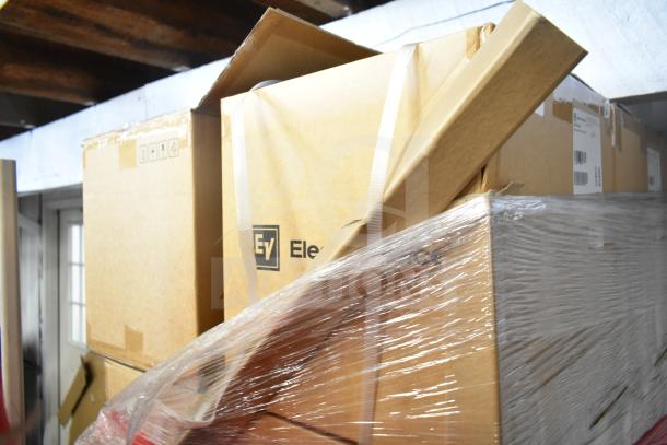 30 brand new Electro-Voice EVID-P6.2UW pendant speaker boxes, scratch and dent condition, stacked and wrapped.