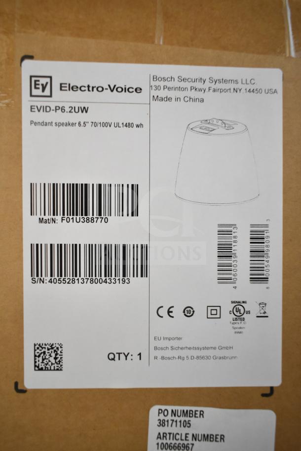 Box label for Electro-Voice EVID-P6.2UW Pendant Speaker, 6.5", 70/100V, UL1480. Features serial number and barcodes.
