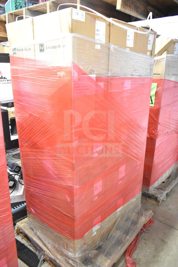 Stack of 30 new Electro-Voice EVID-P6.2UW 6.5" pendant speakers in boxes, wrapped in red plastic, on a pallet.