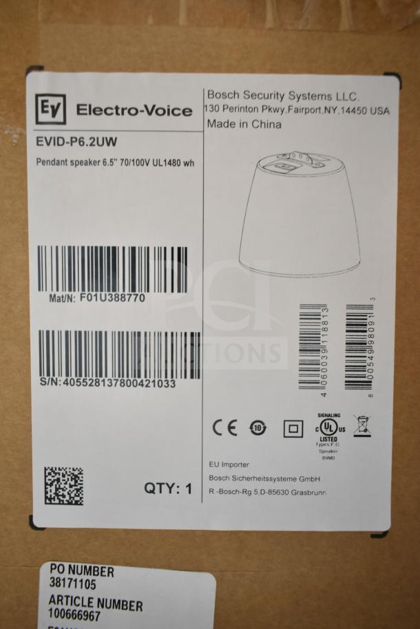 30 Electro-Voice EVID-P6.2UW Pendant Speakers, 6.5", new, scratch and dent condition. Box label details specs and origin.