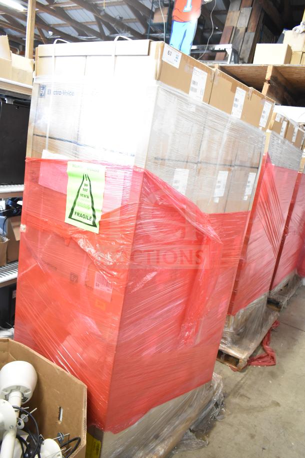 30 boxes of Electro-Voice EVID-P6.2UW pendant speakers, brand new, scratch and dent condition, labeled fragile.