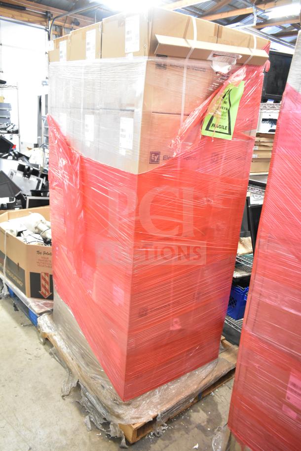 Stack of 30 Electro-Voice EVID-P6.2UW pendant speaker boxes wrapped in red plastic, marked "Fragile". Brand new, scratch and dent condition.