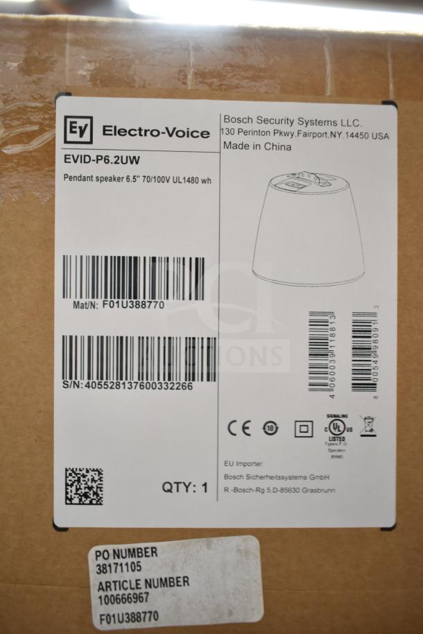 Box of Electro-Voice EVID-P6.2UW pendant speaker, 6.5", new condition, scratch and dent, label with barcode and item details.