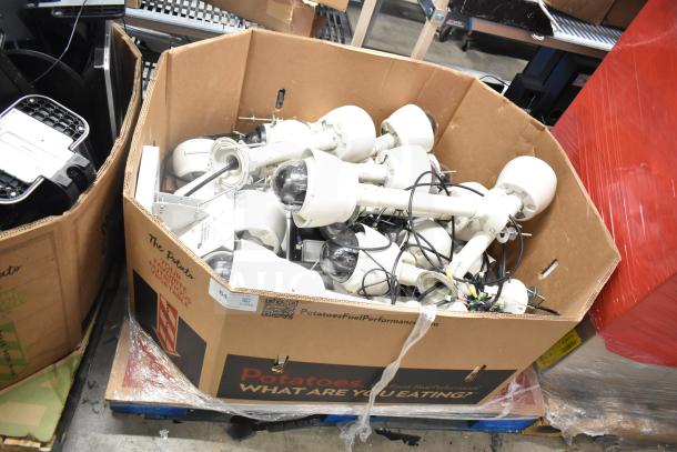 Box of 24 assorted electronics including Costar CDT2H22MTO TVI/AHD speed dome cameras and a Wren monitor. Mostly intact.