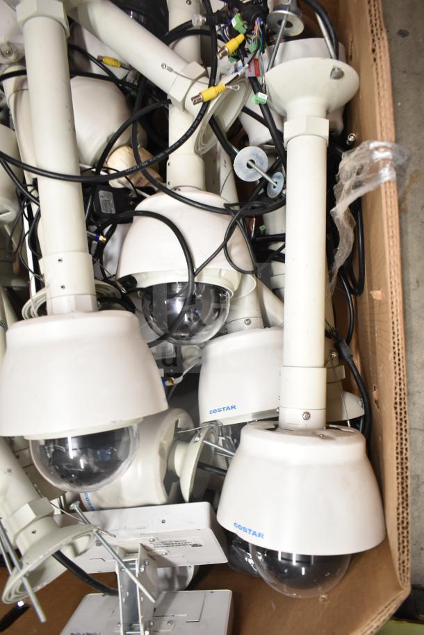 Box of 24 Costar CDT2H22MTO TVI/AHD speed dome cameras with cables, mixed condition. Includes a Wren monitor.