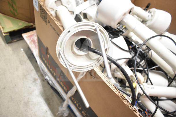 24 electronic items, including Costar CDT2H22MTO TVI/AHD speed dome cameras and Wren monitor. Cables and parts visible.