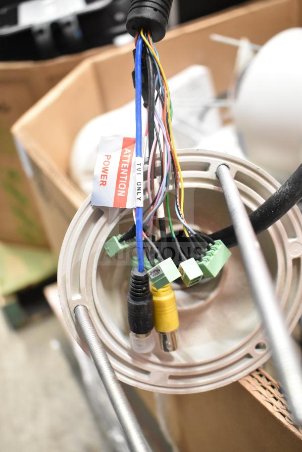 24 items including Costar CDT2H22MTO TVI/AHD speed dome cameras, wires labeled "TVI Only" and "Attention Power."