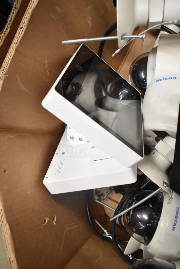 Box of 24 mixed items including Costar CDT2H22MTO TVI/AHD speed dome cameras and Wren monitor. Potential bulk purchase.
