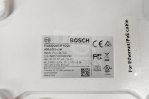 Label of Bosch Flexidome IP 5000 security system shown. Indicates model NDE-5502-ALM, made in China. For Ethernet/PoE cable.