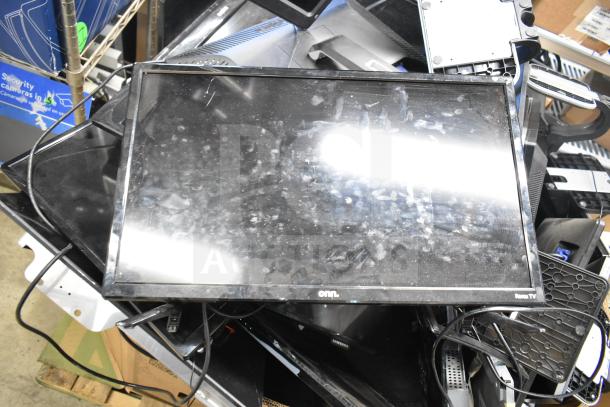 Stack of 27 electronics, featuring dusty Onn and HP monitors. Various conditions; includes cables and components. Auction lot.