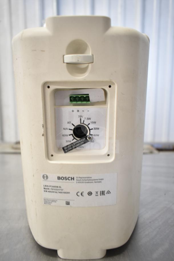 Bosch LB20-PC60EW-5L speaker, white, rear view showing connection panel and power settings. Features labels and model markings.