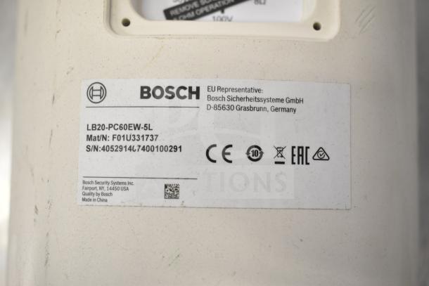Bosch LB20-PC60EW-5L Speaker label showing model number, manufacturing location in China, and certification icons.