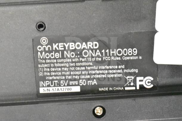 ONN Keyboard Model ONA11HO089 with FCC compliance label. Inputs 5V, 50mA. Made in China, S/N 17A12700.