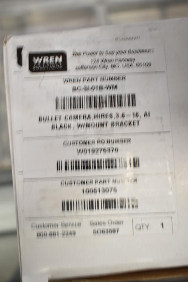 Box of Wren Bullet Cameras, model BC-34-015-WM, high-res 3.6-16 AI, black, without bracket. Quantity: 1.