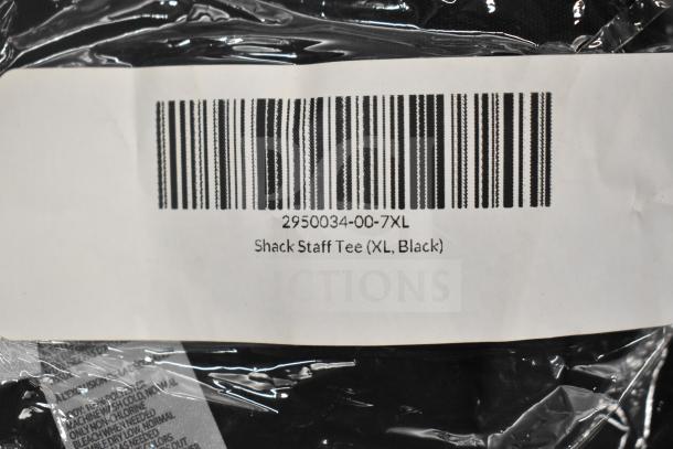 Barcoded Shack Staff Tee in XL, Black, labeled "2950034-00-7XL". Item in original packaging, brand new condition.
