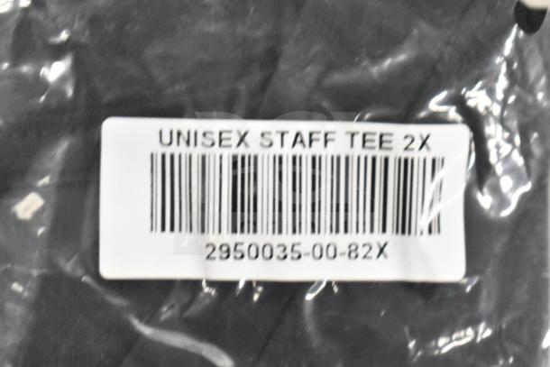 Packaged Shack Staff Tee with label showing "Unisex Staff Tee 2X" and barcode "2950035-00-82X," in new condition.