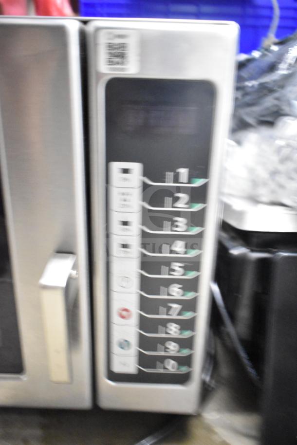 2021 Menumaster MFS18TS commercial microwave, countertop model. Visible keypad, stainless steel finish, 208/240 volts, 1 phase.
