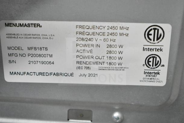2021 Menumaster MFS18TS commercial microwave oven label. Model MFS18TS, 208/240V, power: 2800W in, 1800W out.