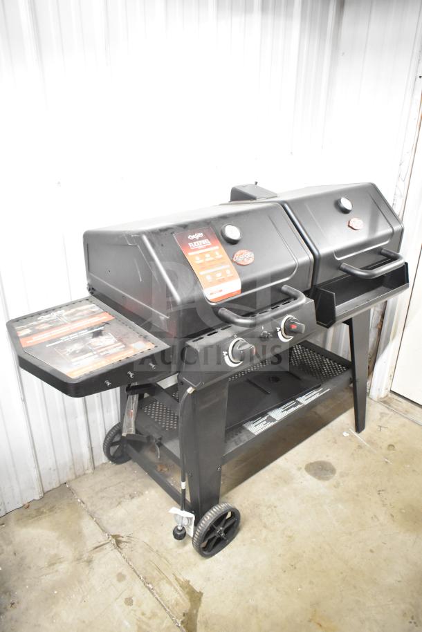 Char-Griller CG30282925 FlexFuel combo grill in black, dual propane and charcoal, with temperature gauges and control knobs.