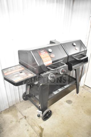 Char-Griller CG30282925 FlexFuel combo grill in black, dual propane and charcoal, with temperature gauges and control knobs.