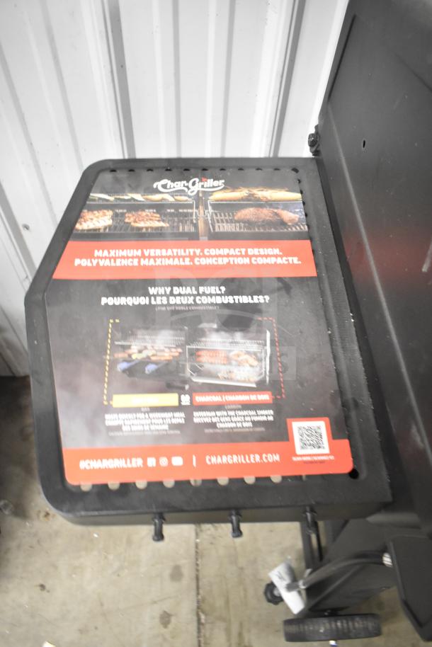 Char-Griller CG30282925 FlexFuel Combo Grill, liquid propane and charcoal, black, compact design, dual fuel feature label.