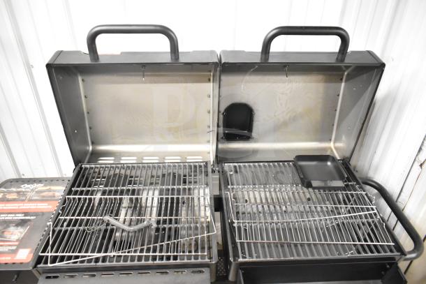 Char-Griller CG30282925 FlexFuel black combo grill with propane and charcoal sections, dual lids, clean grates, excellent condition.