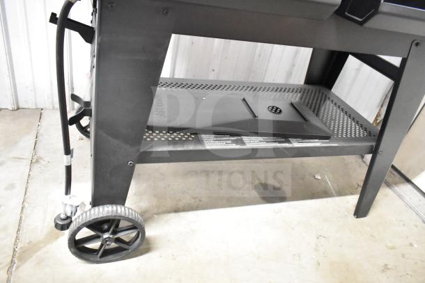 Char-Griller CG30282925 FlexFuel black combo grill; uses liquid propane and charcoal; features storage shelf, wheels for mobility.